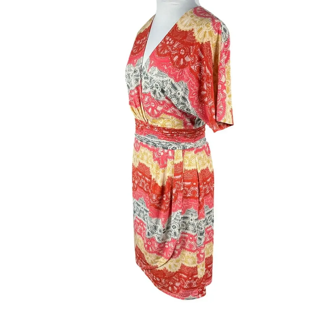 BCBG MAXAZRIA Wrap Dress Tereza Boho Art sz S Red White Yellow Medallion Print - Picture 5 of 16